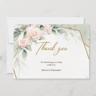 Blush pink flowers and eucalyptus and gold frame  thank you card