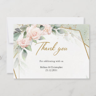Blush pink flowers and eucalyptus and gold frame thank you card