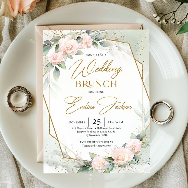 Blush pink flowers and eucalyptus wedding brunch invitation (Watercolor soft pastel pink roses eucalyptus gold frame Wedding brunch invitation digital)