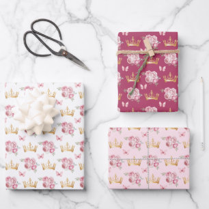 Blush Pink Flowers and Gold Crowns Wrapping Paper Sheet