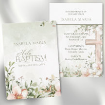 Blush pink flowers baptism green remembrance card