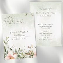 Blush pink flowers baptism green remembrance card