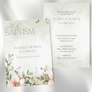 Blush pink flowers baptism green remembrance card