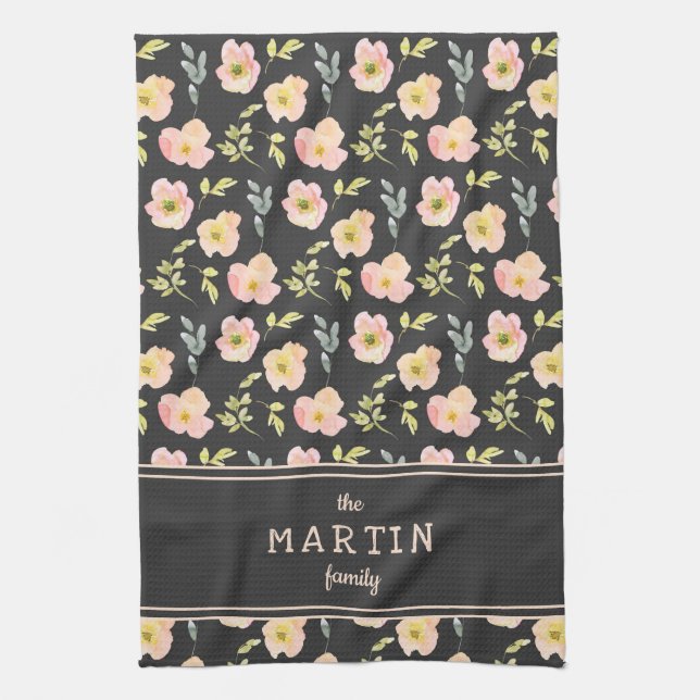 Blush Pink Flowers Black Custom Family Name Tea Towel (Vertical)