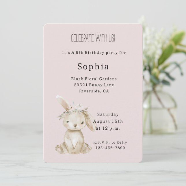 Blush Pink Flowers Bunny Birthday Invitation (Standing Front)
