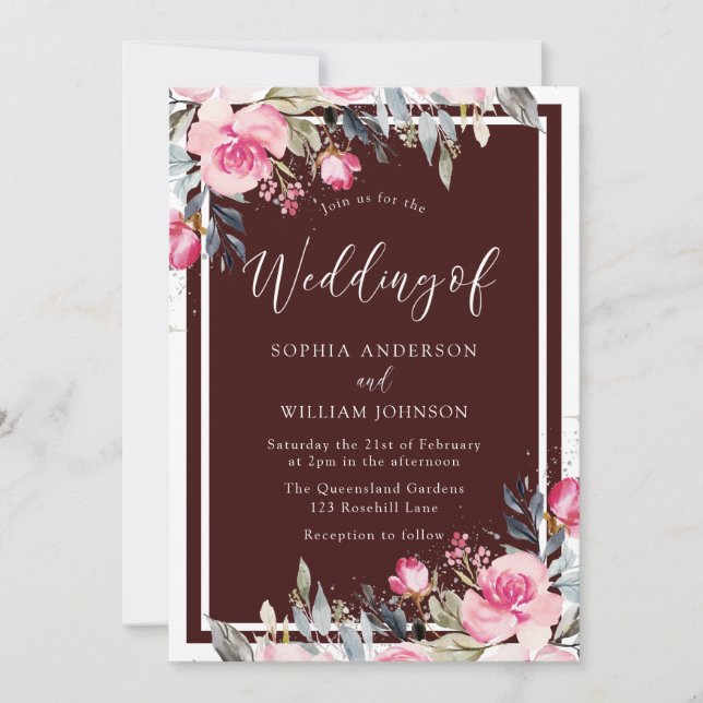 Blush Pink Flowers Burgundy Red Elegant Wedding Invitation (Front)