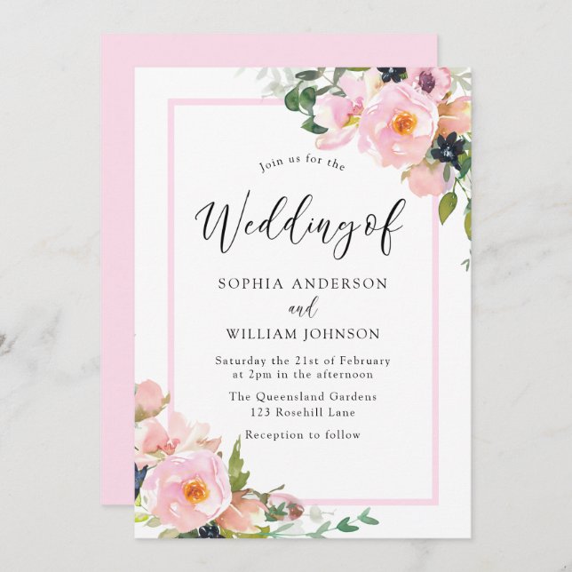 Blush Pink Flowers Elegant Border Spring Wedding Invitation (Front/Back)