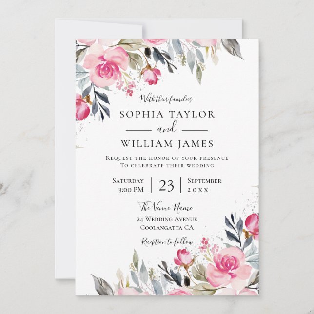 Blush Pink Flowers Elegant Modern Wedding Invitation (Front)