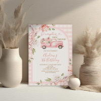 Blush Pink Flowers Fall Gingham Tractor Birthday