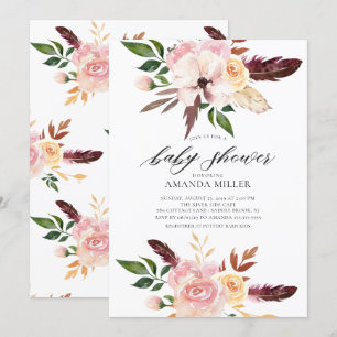 Blush Pink Flowers Feathers Baby Shower Invitation