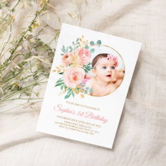 Blush Pink Flowers & Gold Baby’s First Birthday Invitation