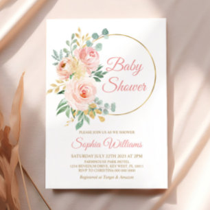 Blush Pink Flowers & Gold Baby Shower Invitation