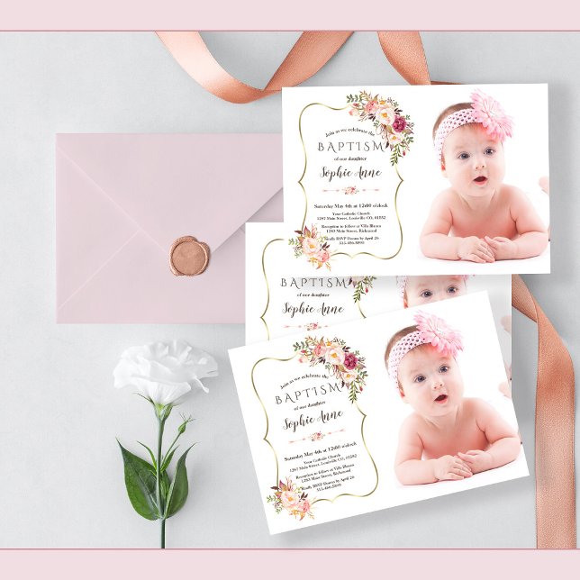 Blush Pink Flowers Gold Girl Photo Baptism Invitation (trendy girl baptism photo invitation, elegant pink floral baptism photo, modern baptism)