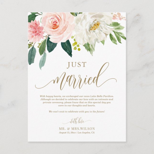 Blush Pink Flowers Gold Just Married Photo Wedding Postcard (Front)