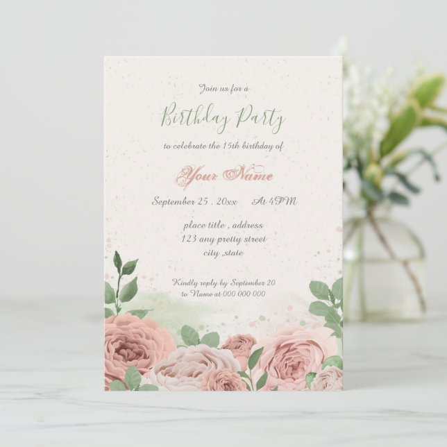 blush pink flowers green leaves birthday invitation (Standing Front)