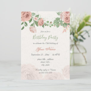 blush pink flowers green leaves birthday invitation