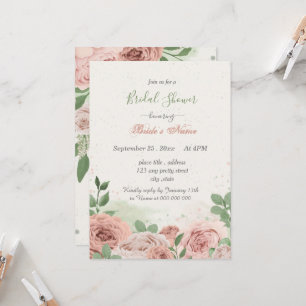 blush pink flowers green leaves bridal shower invitation