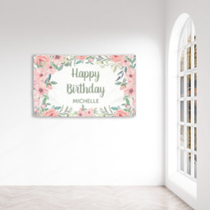 Blush Pink Flowers Green Leaves Happy Birthday Banner