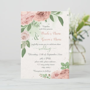 blush pink flowers green leaves wedding invitation