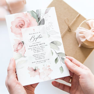 Blush Pink Flowers, Greenery, Boho, Floral Baptism Invitation