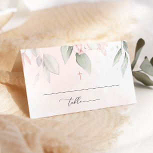 Blush Pink Flowers, Greenery, Boho, Floral Baptism Place Card