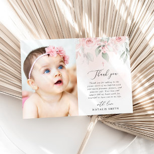Blush Pink Flowers, Greenery, Boho, Floral Baptism Thank You Card