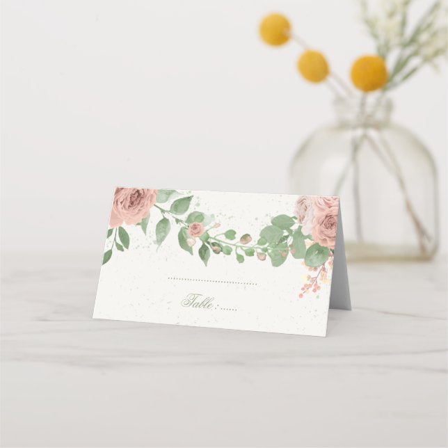 blush pink flowers greenery botanical place card (Front)