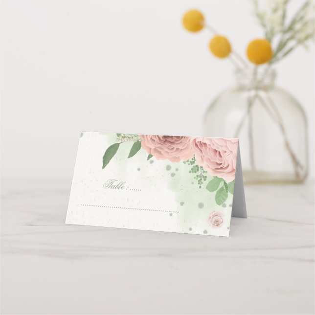 blush pink flowers greenery botanical place card (Front)