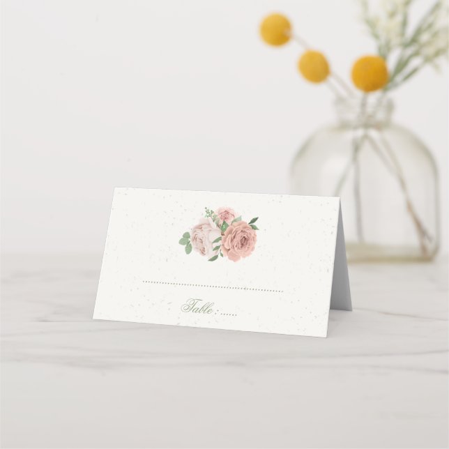 blush pink flowers greenery botanical place card (Front)