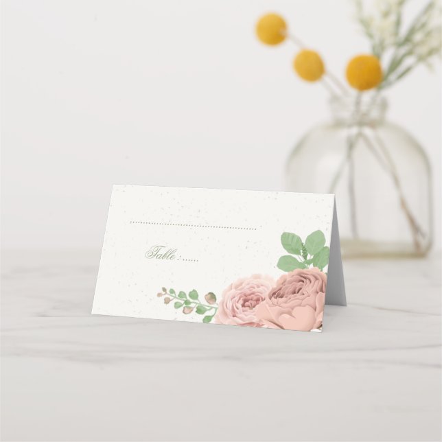 blush pink flowers greenery botanical place card (Front)