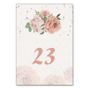 blush pink flowers greenery botanical table number