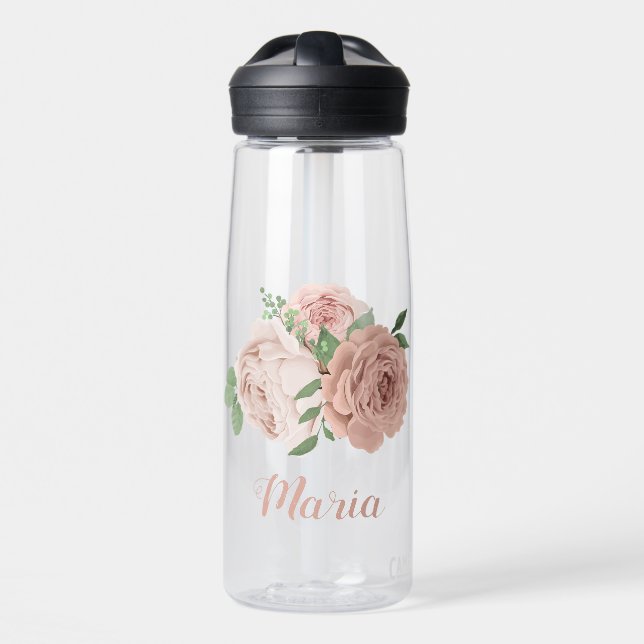 blush pink flowers greenery botanical water bottle (Front)