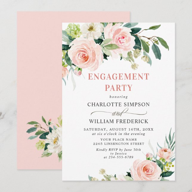 Blush Pink Flowers Greenery ENGAGEMENT PARTY Invitation (Front/Back)
