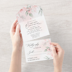 Blush Pink Flowers, Greenery, First Holy Communion All In One Invitation