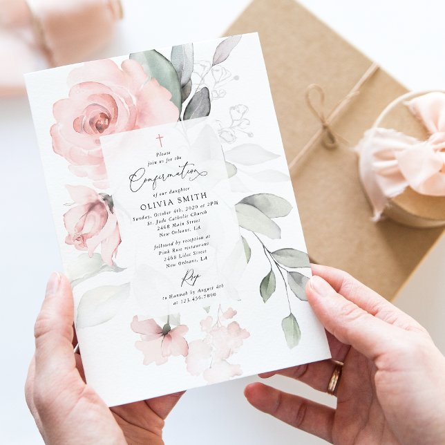 Blush Pink Flowers, Greenery, Floral Confirmation Invitation (Creator Uploaded)