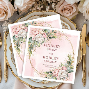 Blush Pink Flowers Greenery Gold Glitter Wedding Napkin
