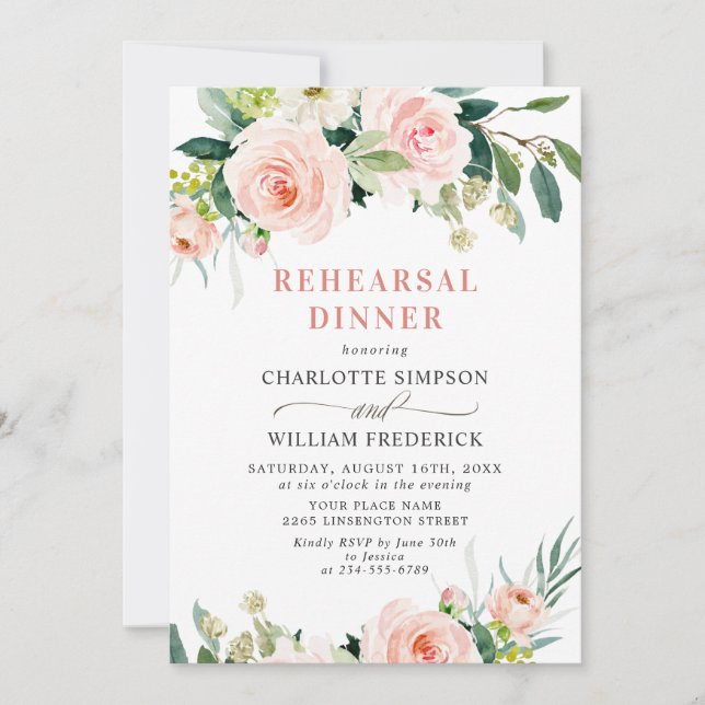 Blush Pink Flowers Greenery REHEARSAL DINNER Invitation (Front)