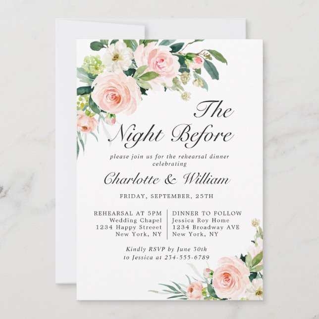 Blush Pink Flowers Greenery REHEARSAL DINNER Invitation (Front)
