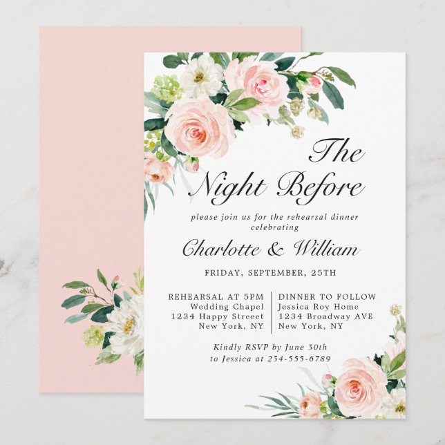 Blush Pink Flowers Greenery REHEARSAL DINNER Invitation (Front/Back)