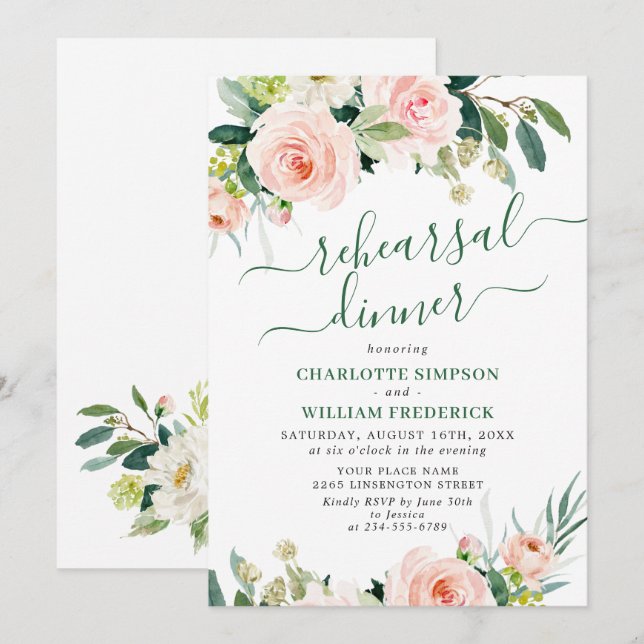Blush Pink Flowers Greenery REHEARSAL DINNER Invitation (Front/Back)