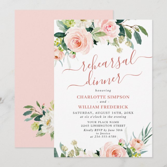 Blush Pink Flowers Greenery REHEARSAL DINNER Invitation (Front/Back)