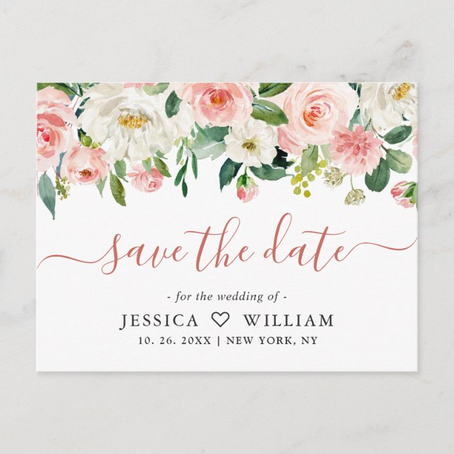 Blush Pink Flowers Greenery Wedding Save the Date Postcard (Front)