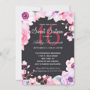 Blush Pink Flowers on Black Sweet 16 Invitations