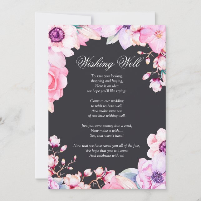 Blush Pink Flowers on Black Wishing Well Invitation (Front)