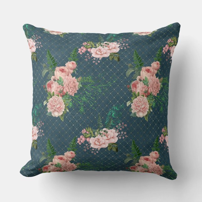 Blush Pink Flowers On Blue Cushion (Front)