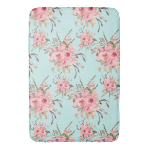 Blush Pink Flowers on Light Blue Bath Mat