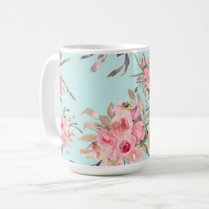 Blush Pink Flowers on Light Blue Coffee Mug