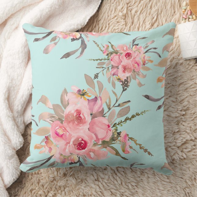 Blush Pink Flowers on Light Blue Cushion (Blanket)