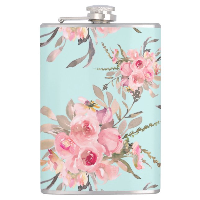 Blush Pink Flowers on Light Blue Hip Flask (Front)