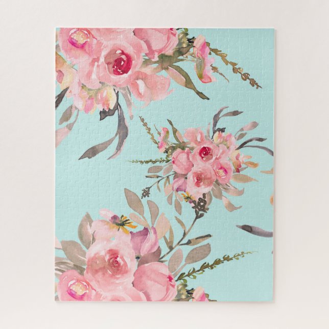 Blush Pink Flowers on Light Blue Jigsaw Puzzle (Vertical)
